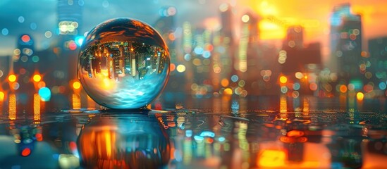 Droplet Mirrors Bangkok A D Rendered City Skyline in a Vibrant Water Sphere