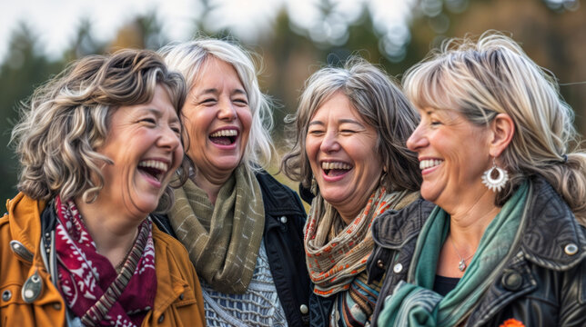 groupe de femmes soixantenaire qui rigolent ensemble en ext&eacute;rieur