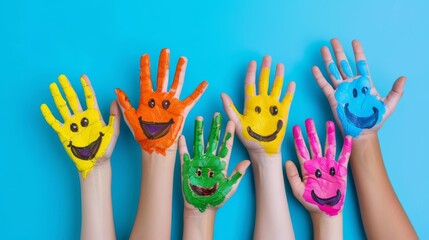 many colorful smiling hands with happy faces painted on their palms in the style of banner design
