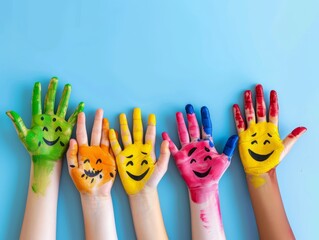 many colorful smiling hands with happy faces painted on their palms in the style of banner design 