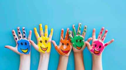 many colorful smiling hands with happy faces painted on their palms in the style of banner design 