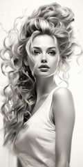 Croquis noir et blanc d'une fille dans un style réaliste, une belle femme aux cheveux épais regardant la camera.
