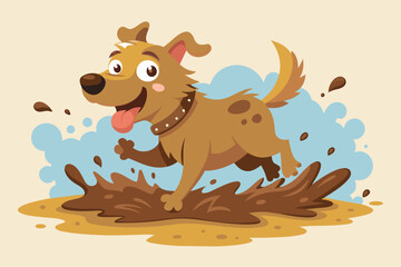 playful image of a dog splashing in a muddy puddle, with mud flying and a grin spread across its face