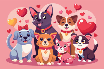 playful illustration of a group of pets dressed up in Valentine's Day attire, sending love to their humans