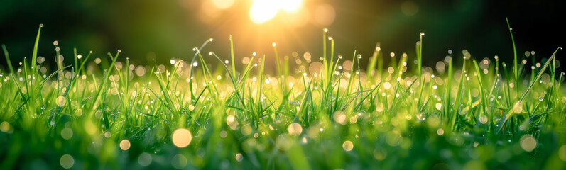 Beautiful panoramic background of the close-up view fresh green grass. Wallpaper, banner concept. - Powered by Adobe
