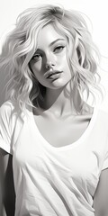Schwarz-weiße Skizze eines Mädchens im realistischen Stil, einer schönen Frau mit dichtem Haar, die in die Kamera Schaut.