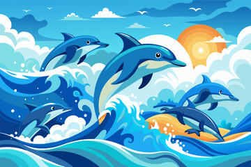 Obraz premium group of playful dolphins leaping out of the water