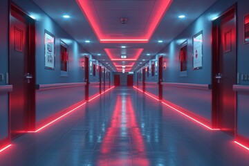 Fototapeta premium Modern interior hallway design accentuated with red neon lights giving a contemporary feel