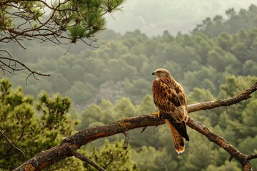 A majestic red kite surveys its surroundings from a gnarled pine branch