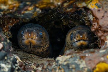 A pair of moray eels peek from their rocky reef hideaway, with expressive eyes surveying the underwater world of the atlantic - obrazy, fototapety, plakaty