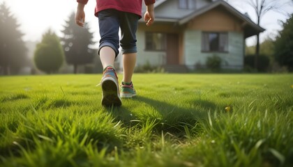 A young child's legs and feet wearing colorful sneakers walking on a lush green lawn in front of a house - Powered by Adobe