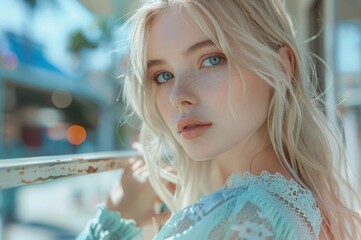 A stunning high resolution photo of a stylish Gen Z girl with almond eyes wearing delicate lace in pastel colors with muted pistachio and blue hues.