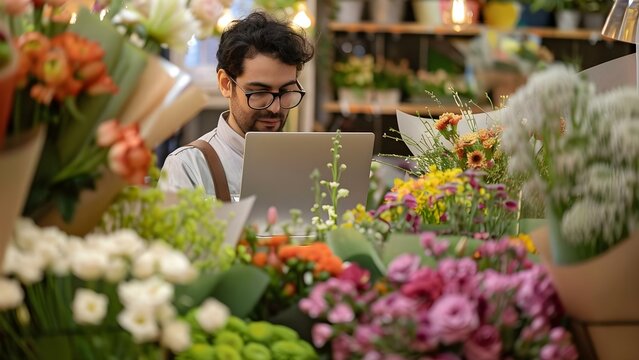 Florist owner using a laptop at the checkout counter in their physical store. Concept Small Business, Florist, Owner, Laptop, Checkout Counter - Powered by Adobe