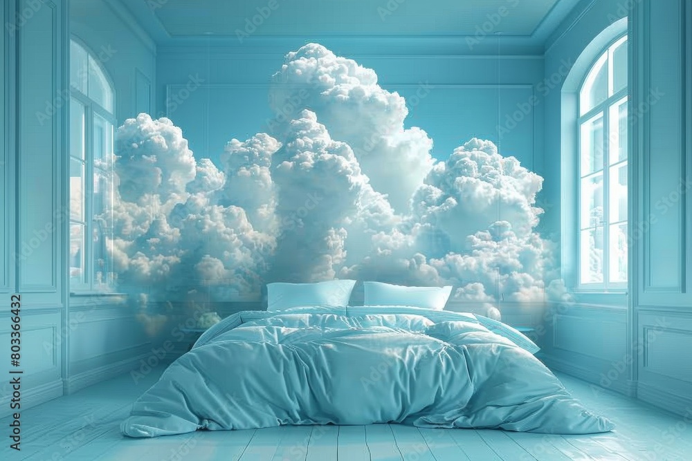 Poster showcasing a concept where a fluffy cloud forms the headboard, creating a unique modern bedroom envi