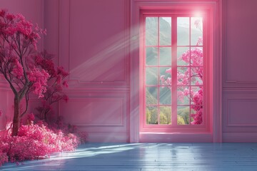 This image presents a striking contrast with vibrant pink sunlight streaming into a room with a cool blue floor