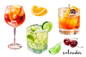 Watercolor illustration of cocktails drinks close up. Design template for packaging, menu, postcards. PNG