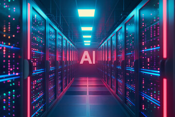 Futuristic data center illuminated by blue and red lights, with AI glowing at the center, representing the forefront of artificial intelligence and machine learning technology.
