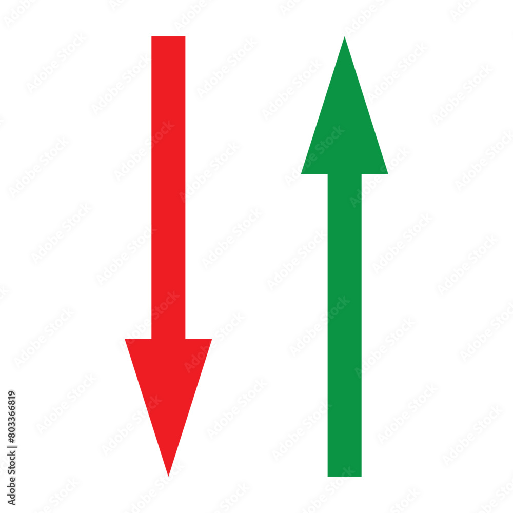 Poster up and down arrows. red and green arrows icon. long vertical thin arrow vector. red and green vertic
