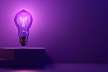 Light bulb Standing on Pedestal, Purple Background - Creativity, New Idea, Business Concept