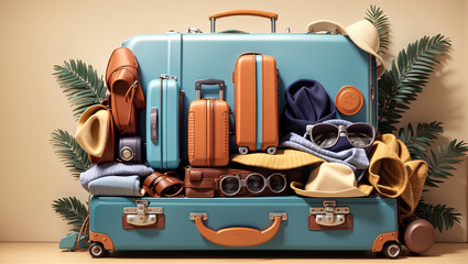 There is a pile of 7 suitcases of various sizes and colors.