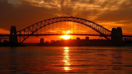 Sydney Harbour Bridge at sunset iconic Australian landmark showcasing grandeur beauty. Concept Landmarks, Sydney, Australia, Sunset, Beauty