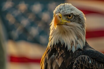 Naklejka premium Eagle with USA flag in the background, concept of American independence, July 4th, Independence Day, American Flag.