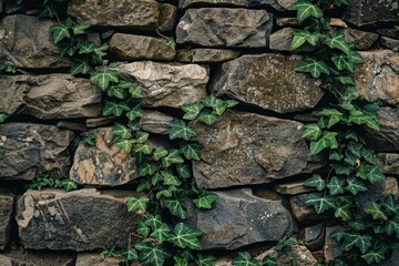 Close up shot of a beautifully textured dry stone wall with green foliage growing in front of it