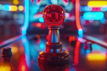 Arcade joystick, background with neon light, gaming concept.