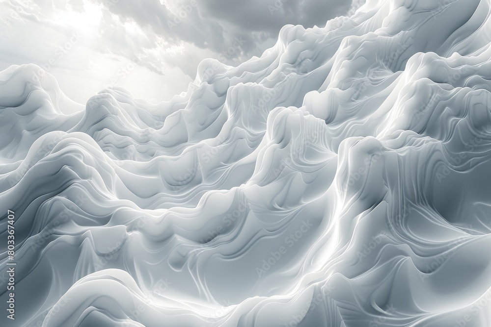 Poster an abstract, surreal landscape with soft white layers creating a tranquil and otherworldly scene