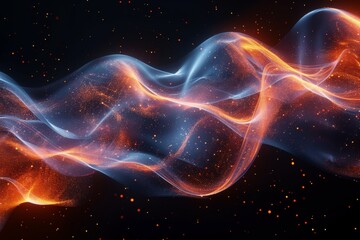This image shows ethereal orange glowing waves with particles, resembling cosmic phenomena or a dynamic energy flow in a dark void