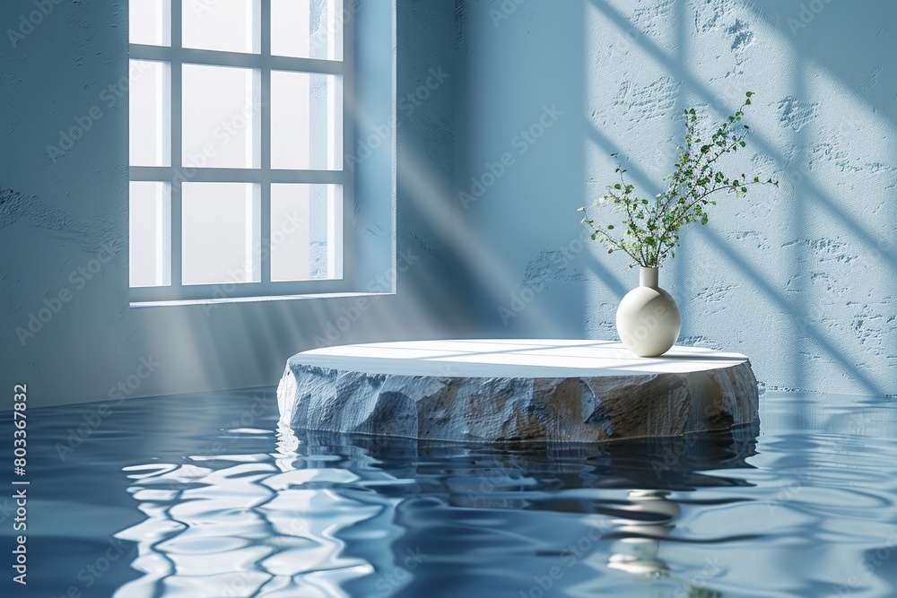 Poster a calming image portraying a room partially submerged in water with a single vase on a floating plat
