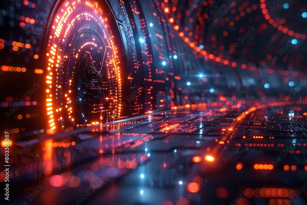 Poster a captivating visualization of a digital tunnel, illuminated by dynamic red and orange lights simula