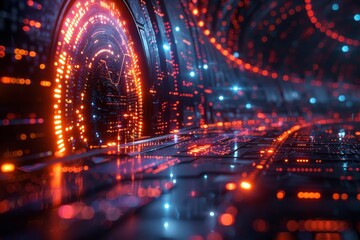 A captivating visualization of a digital tunnel, illuminated by dynamic red and orange lights simulating advanced technology