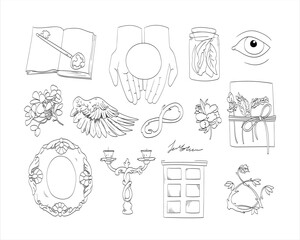 Collection of vintage hand drawn set. Book, frame, window, wings, eyes, mirror, jewelry, candles, print, flowers, diary. Retro. Vintage style illustration.