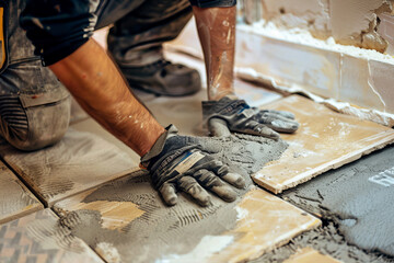 Construction worker prepares the kitchen tiles in a home renovation