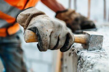 Construction worker with hammer at building site verifying the material