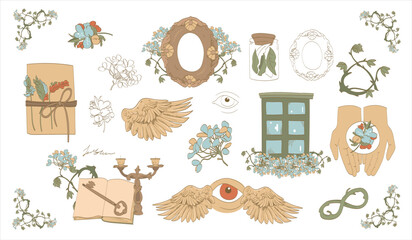 Collection of vintage hand drawn set. Book, frame, window, wings, eyes, mirror, jewelry, candles, print, flowers, diary. Retro. Vintage style illustration.
