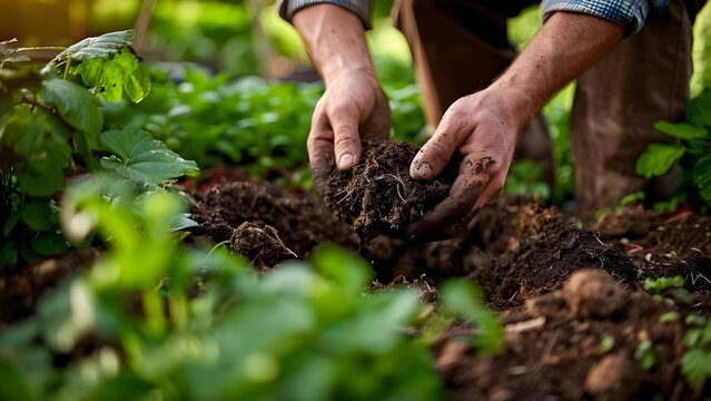 Gardener using technology to create compost pit in garden for soil enrichment . Concept Technology in Gardening, Composting Pit, Soil Enrichment, Gardening Tools, Sustainable Practices