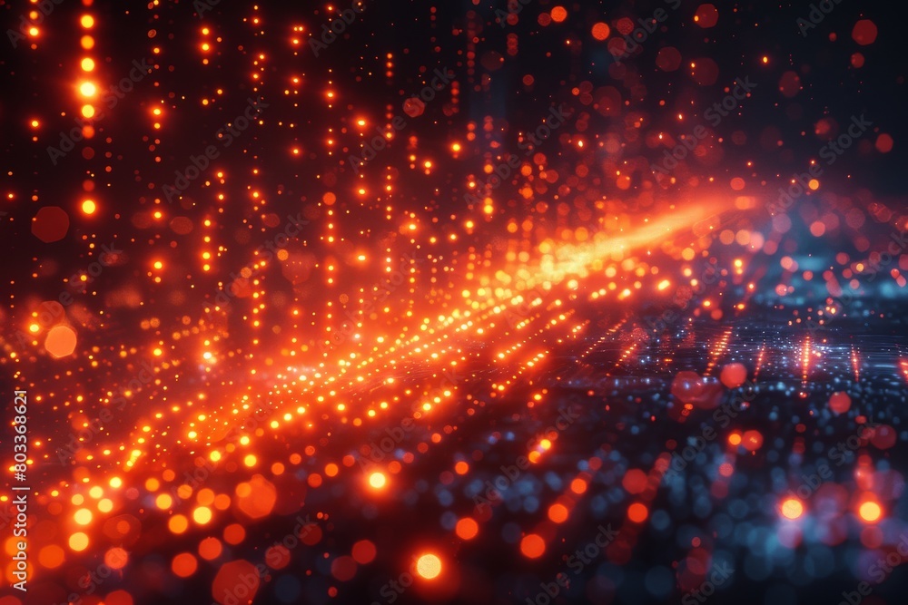 Poster this image captures a dynamic array of red digital particles, creating an abstract and futuristic at