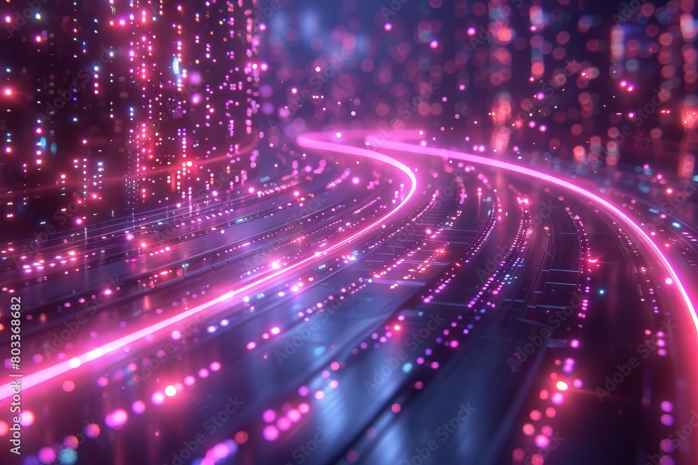 Poster digital corridor lit with pink and purple trails suggesting swift movement and a high-tech environme