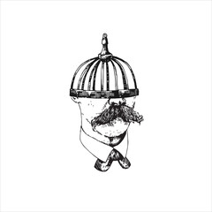Cell of the mind. Spot work. Vector hand drawn illustration. Tattoo illustration, modern surreal art. Man with mustache, cage.