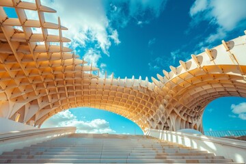 Contemporary symmetrical metropol parasol structure under sunny sky