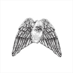 Wings with the face of the Roman emperor. Spot work. Vector hand drawn illustration. Tattoo illustration, modern surreal art.