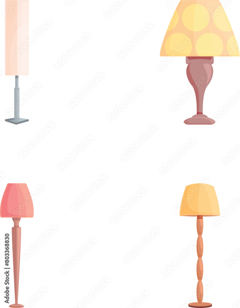 Poster floor lamp icons set cartoon vector. floor torchere with various lampshade. home illumination and de