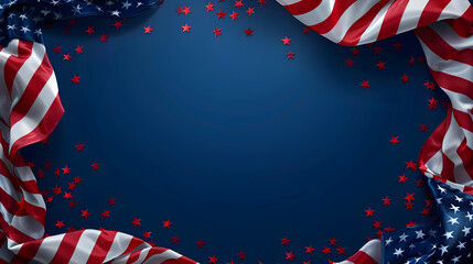 Flat American flag frame on navy background with copy space for patriotic holiday and celebration designs.