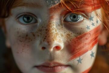 Child's face painted USA flag, concept of Independence Day, American flag.