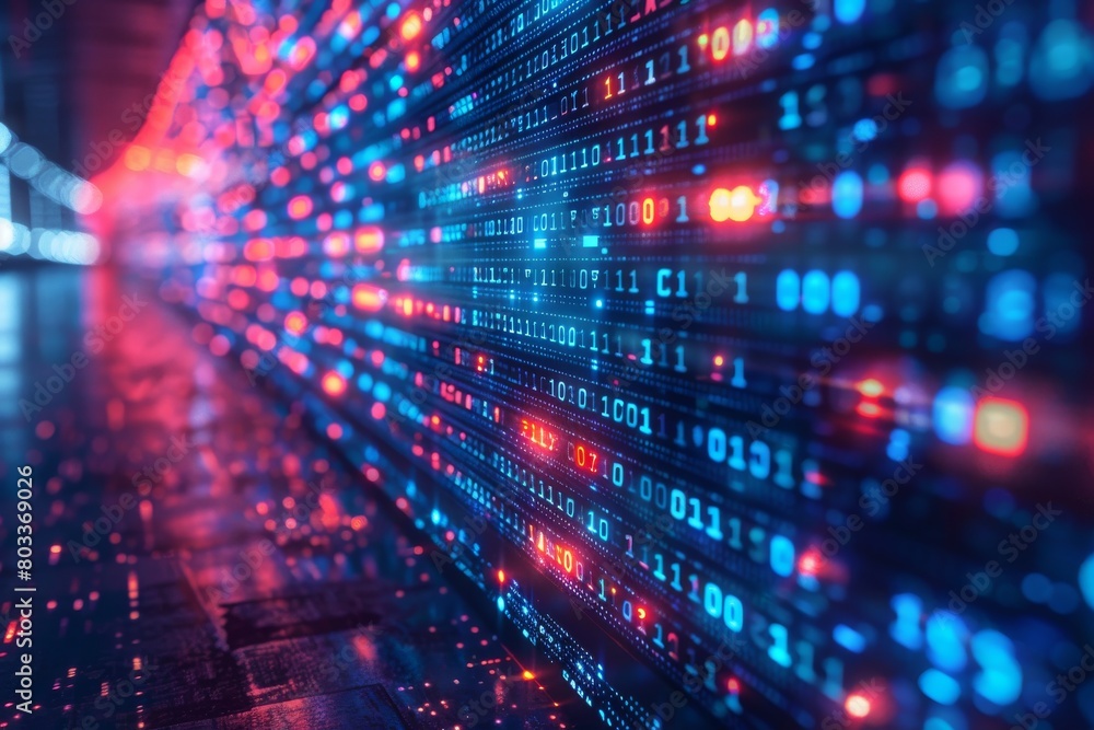 Poster binary data stream visualizing information flow in technology and communication, glowing blue digits