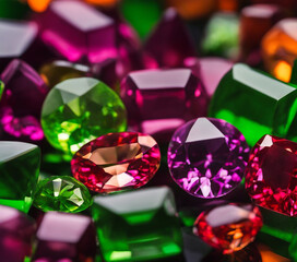 A close-up view of numerous vibrant green and pink gemstones scattered across the surface. Each gemstone exhibits a high level of polish and clarity, making them sparkle under the light.