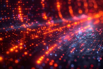 Obraz premium This image features a close-up view of a circuit board with a mesmerizing bokeh effect of red and blue lights, representing data flow or electronic activity