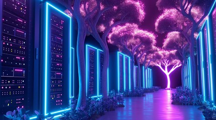 A neon forest of secure servers and data centers, with trees made of light beams and leaves of encrypted data.